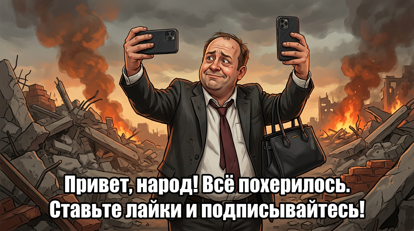 Мем: селфи на фоне разрушения. Текст на картинке: Привет, народ! Всё похерилось. Ставьте лайки и подписывайтесь!