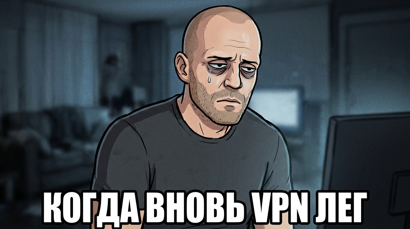 Грустный лысый герой в духе Джейсона Стэйтема. На картинке текст: когда вновь vpn лег